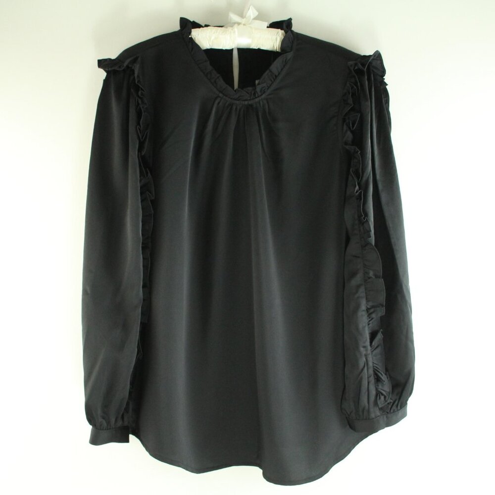J. Crew Ruffle Sleeve Black Satin Crepe Loose Fitting Career Blouse Top L NWT